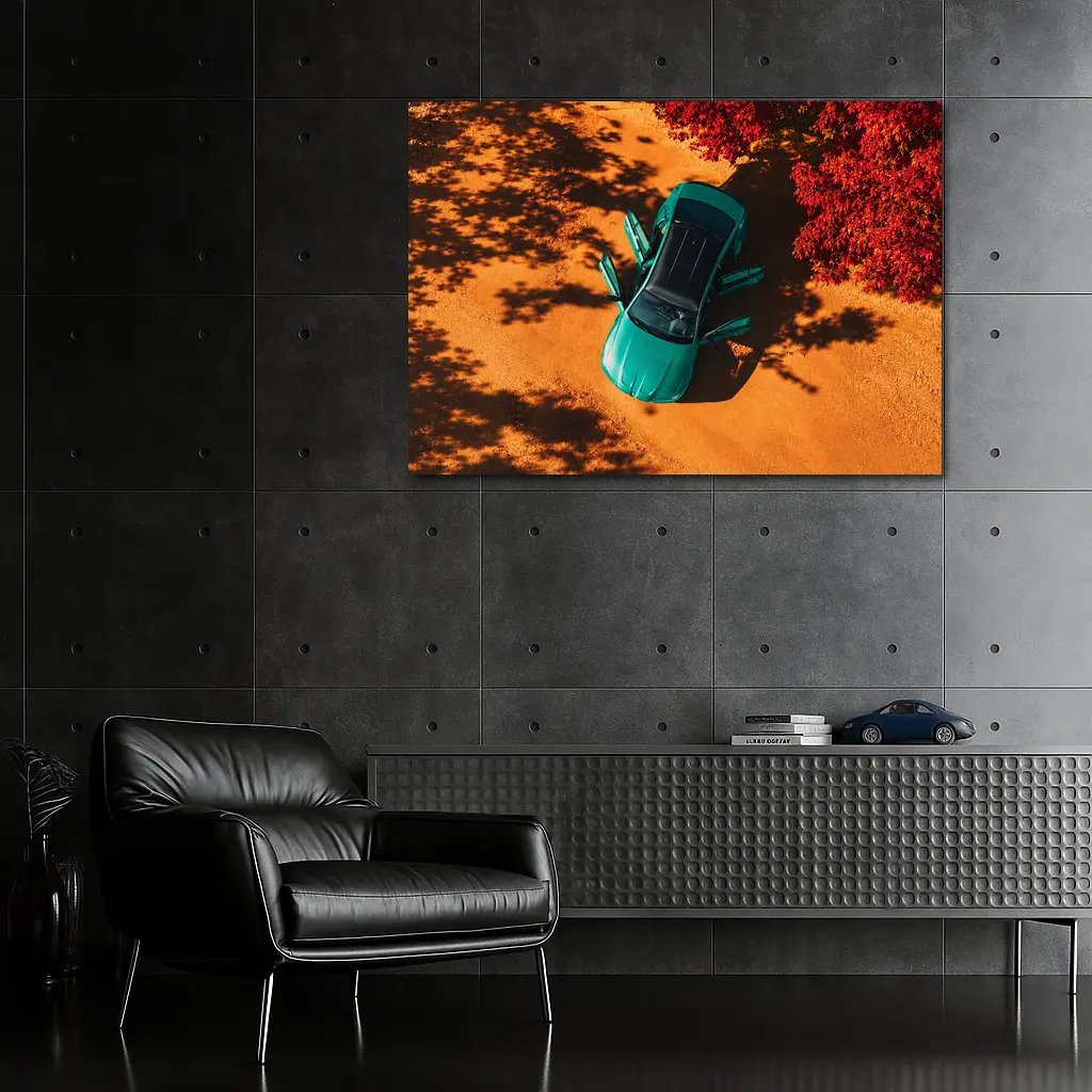 Green BMW M3 Aerial View Red Trees – Wall Art
