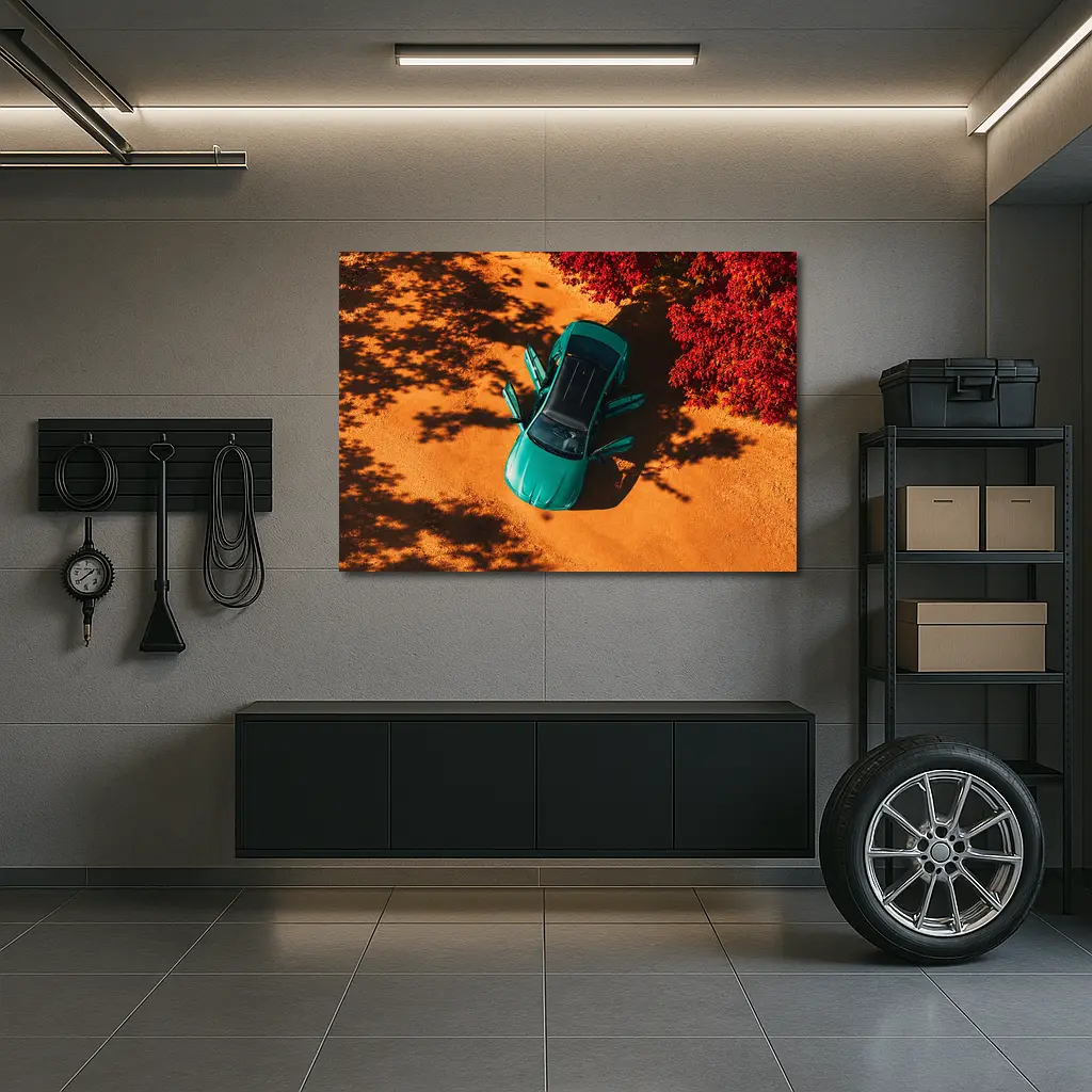 Green BMW M3 Aerial View Red Trees – Wall Art