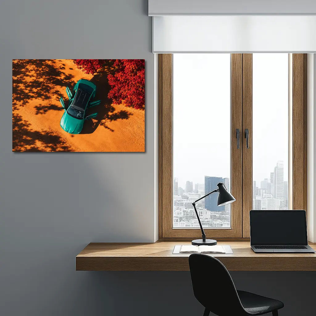 Green BMW M3 Aerial View Red Trees – Wall Art