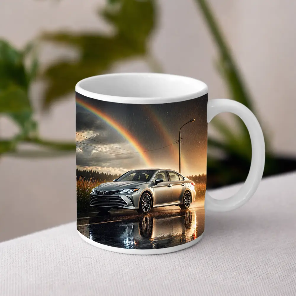 Toyota Avalon Silver Sedan Rainy Rainbow Road – Mugs