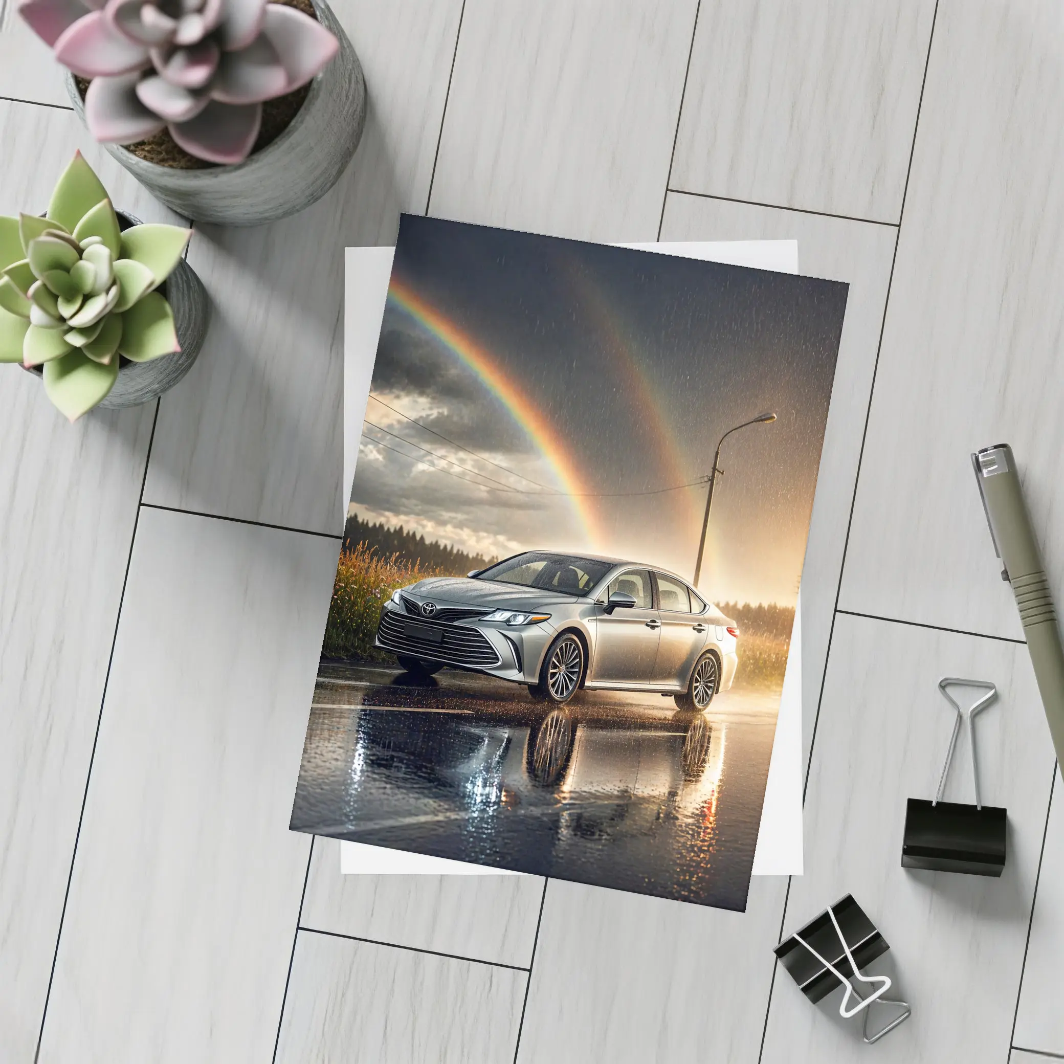 Toyota Avalon Silver Sedan Rainy Rainbow Road – Postcards