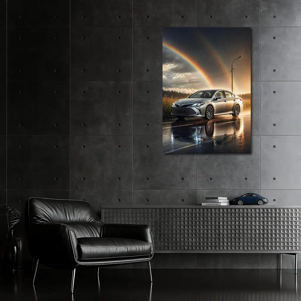 Toyota Avalon Silver Sedan Rainy Rainbow Road – Wall Art