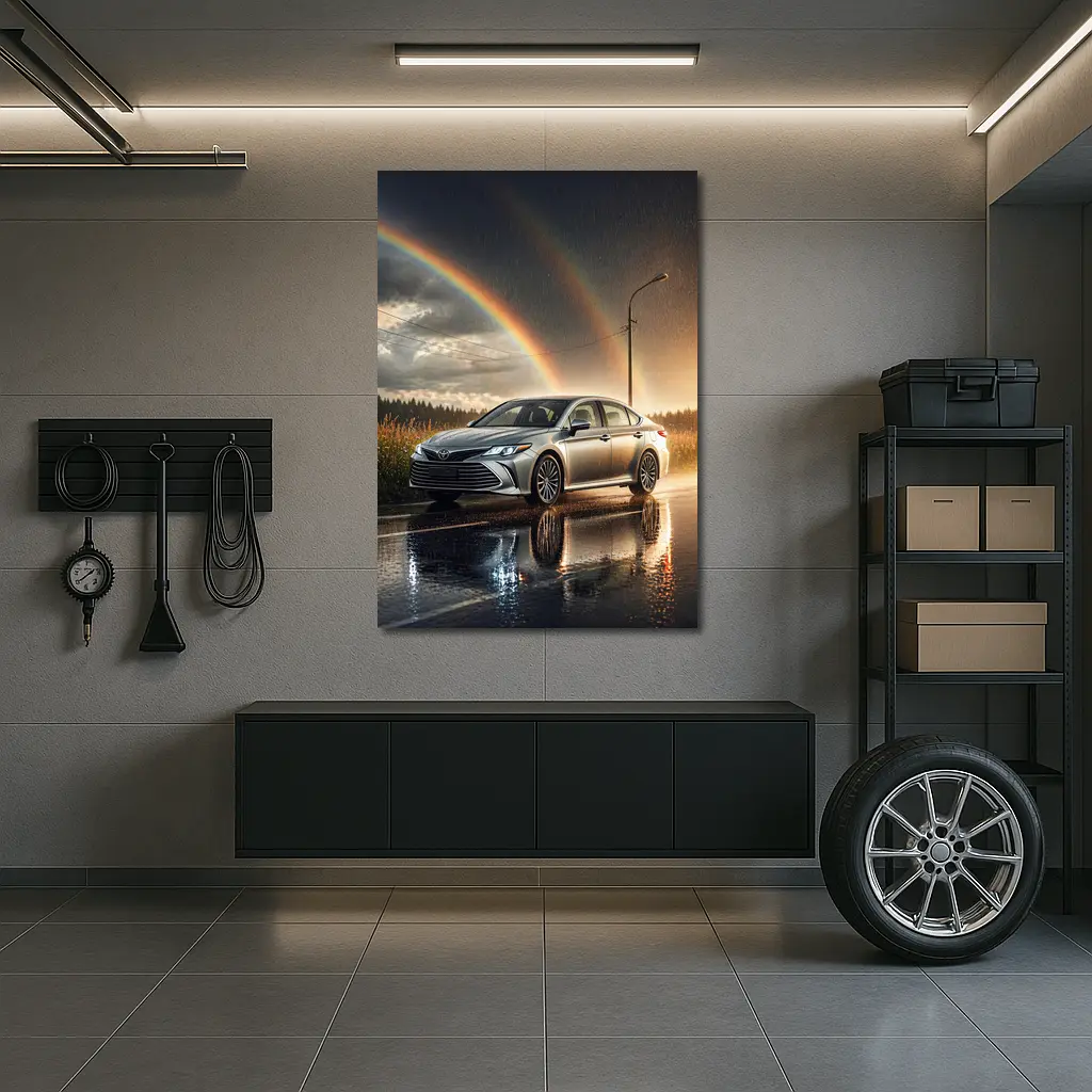 Toyota Avalon Silver Sedan Rainy Rainbow Road – Wall Art