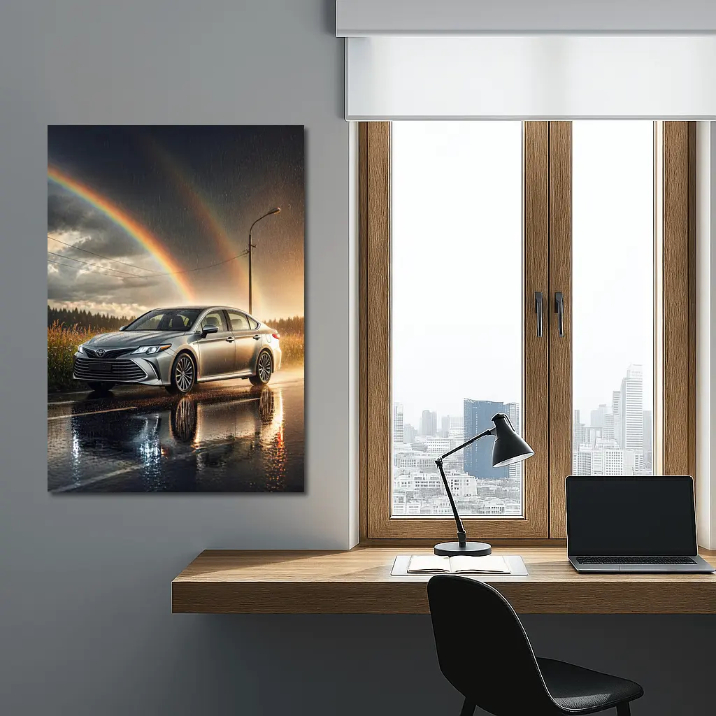 Toyota Avalon Silver Sedan Rainy Rainbow Road – Wall Art