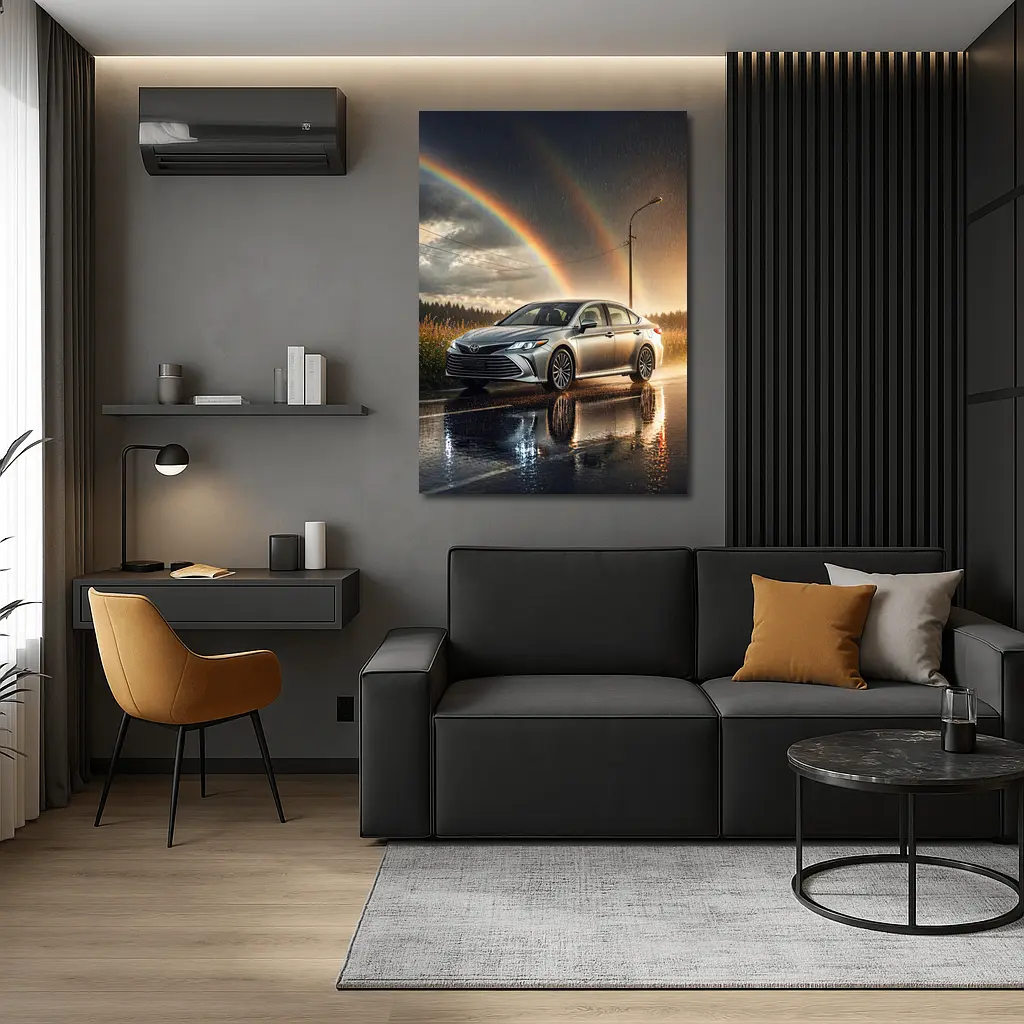 Toyota Avalon Silver Sedan Rainy Rainbow Road – Wall Art