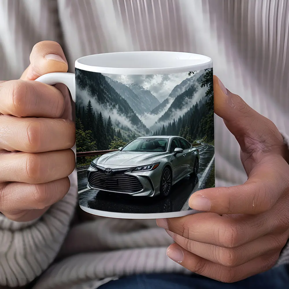 Toyota Avalon Silver Sedan Rainy Mountain Road – Mugs