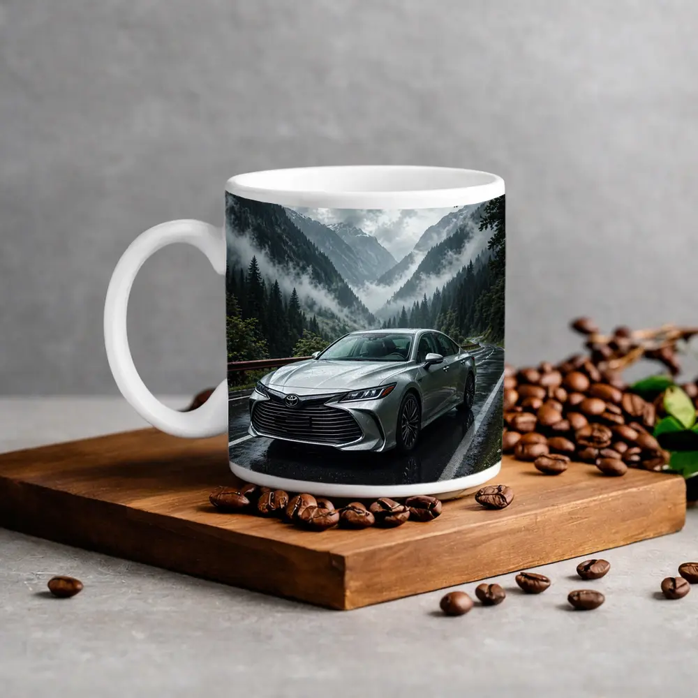 Toyota Avalon Silver Sedan Rainy Mountain Road – Mugs