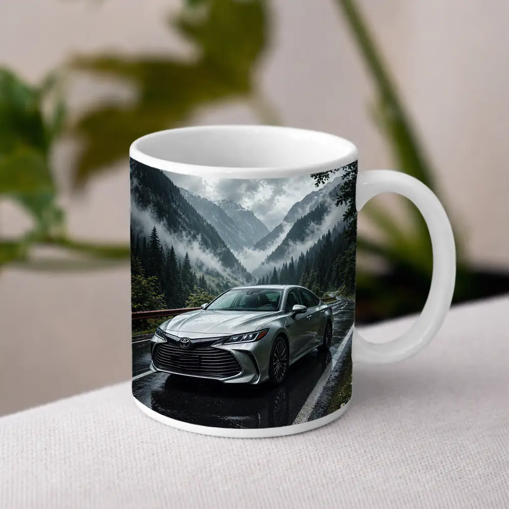 Toyota Avalon Silver Sedan Rainy Mountain Road – Mugs