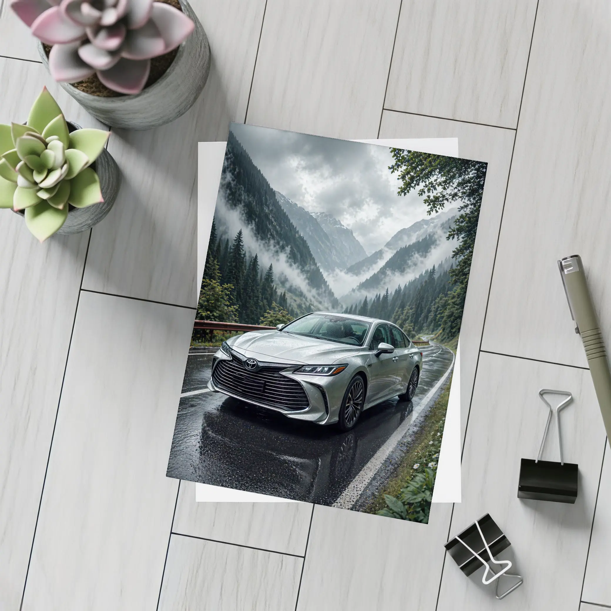 Toyota Avalon Silver Sedan Rainy Mountain Road – Postcards