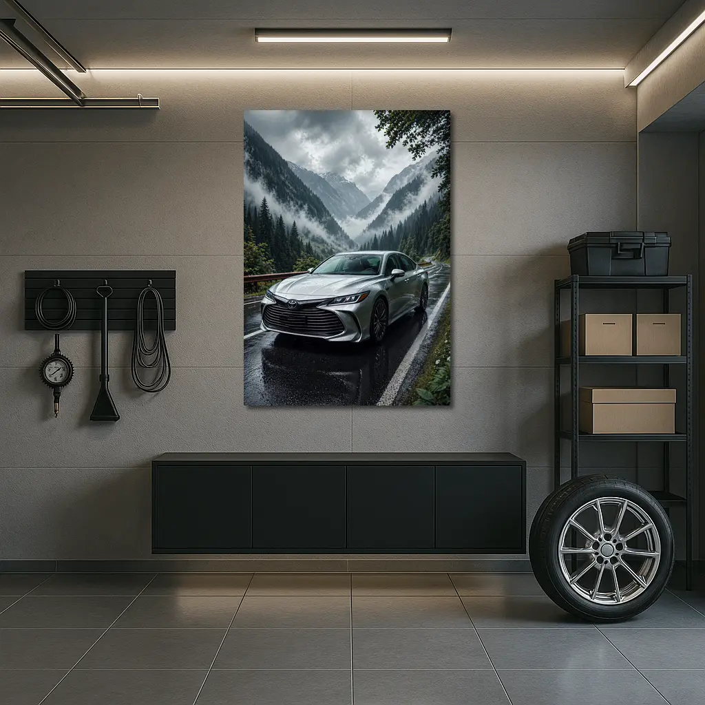 Toyota Avalon Silver Sedan Rainy Mountain Road – Wall Art
