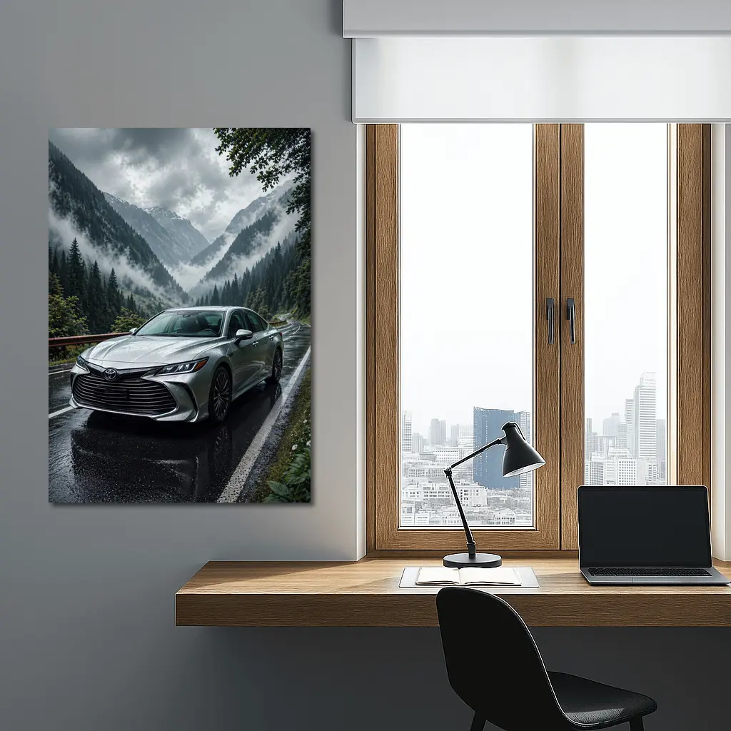 Toyota Avalon Silver Sedan Rainy Mountain Road – Wall Art