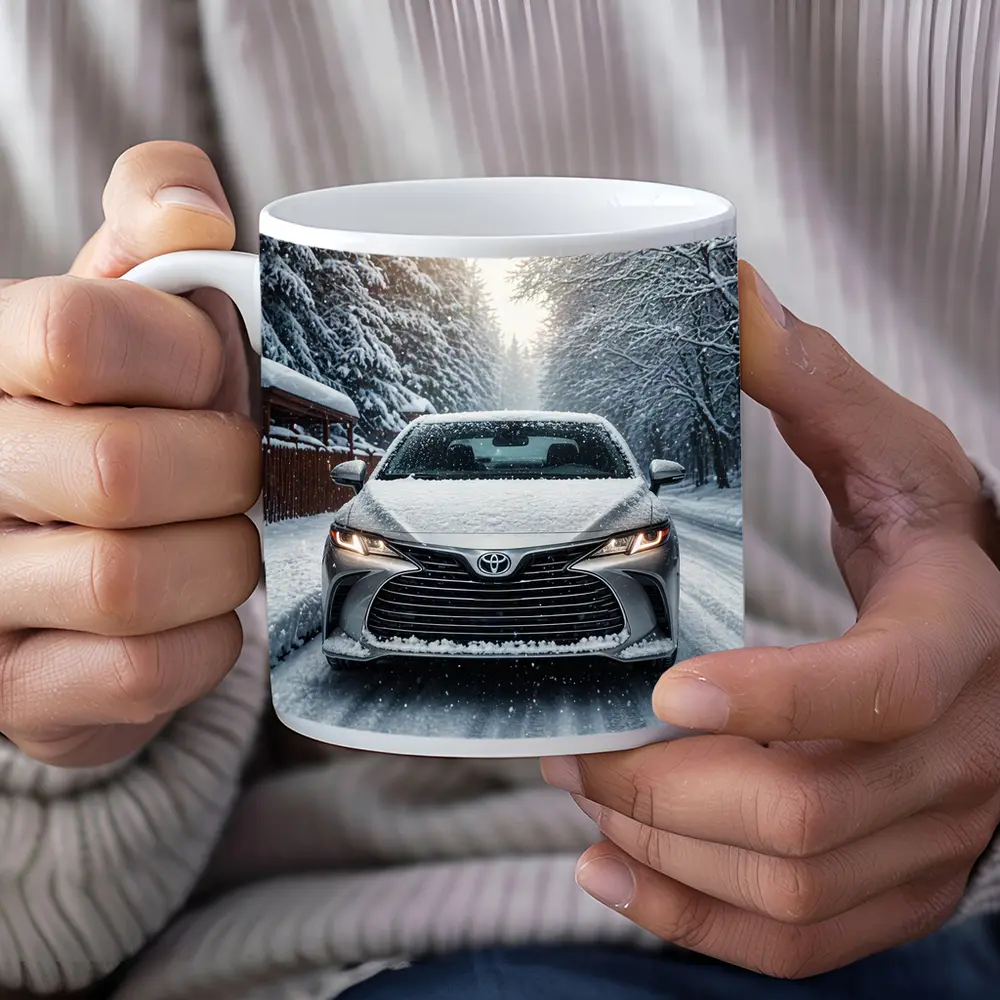 Toyota Camry Front View Snowy Forest Road – Mugs
