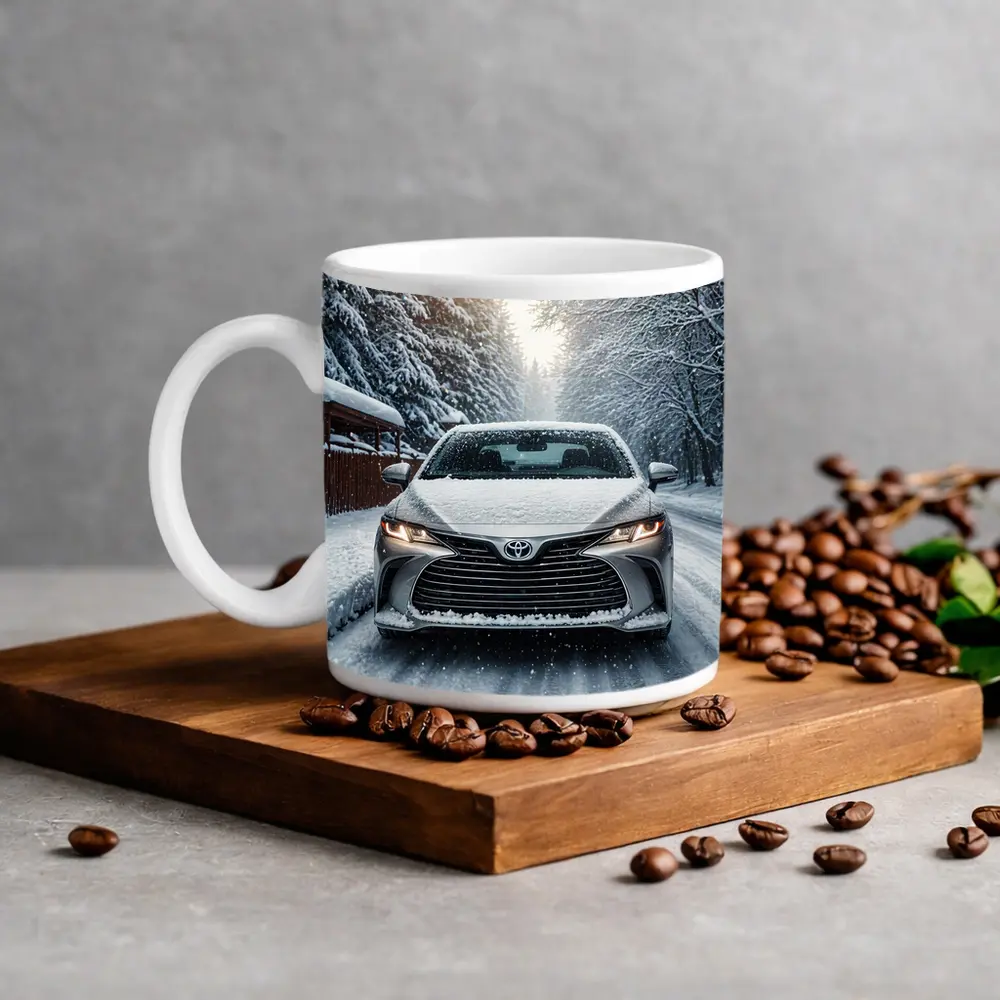Toyota Camry Front View Snowy Forest Road – Mugs