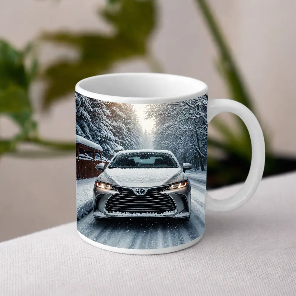 Toyota Camry Front View Snowy Forest Road – Mugs