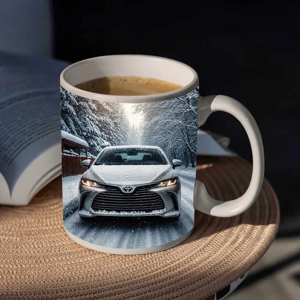 Toyota Camry Front View Snowy Forest Road – Mugs