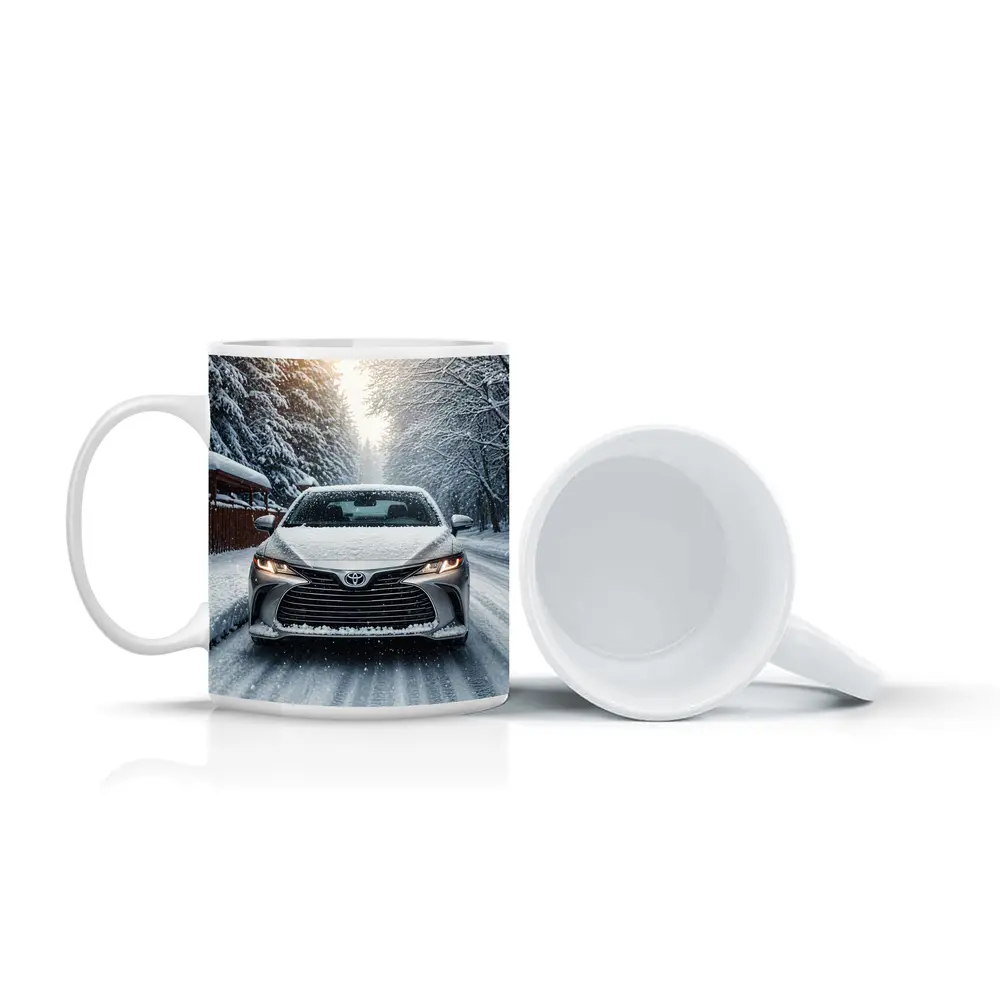 Toyota Camry Front View Snowy Forest Road – Mugs