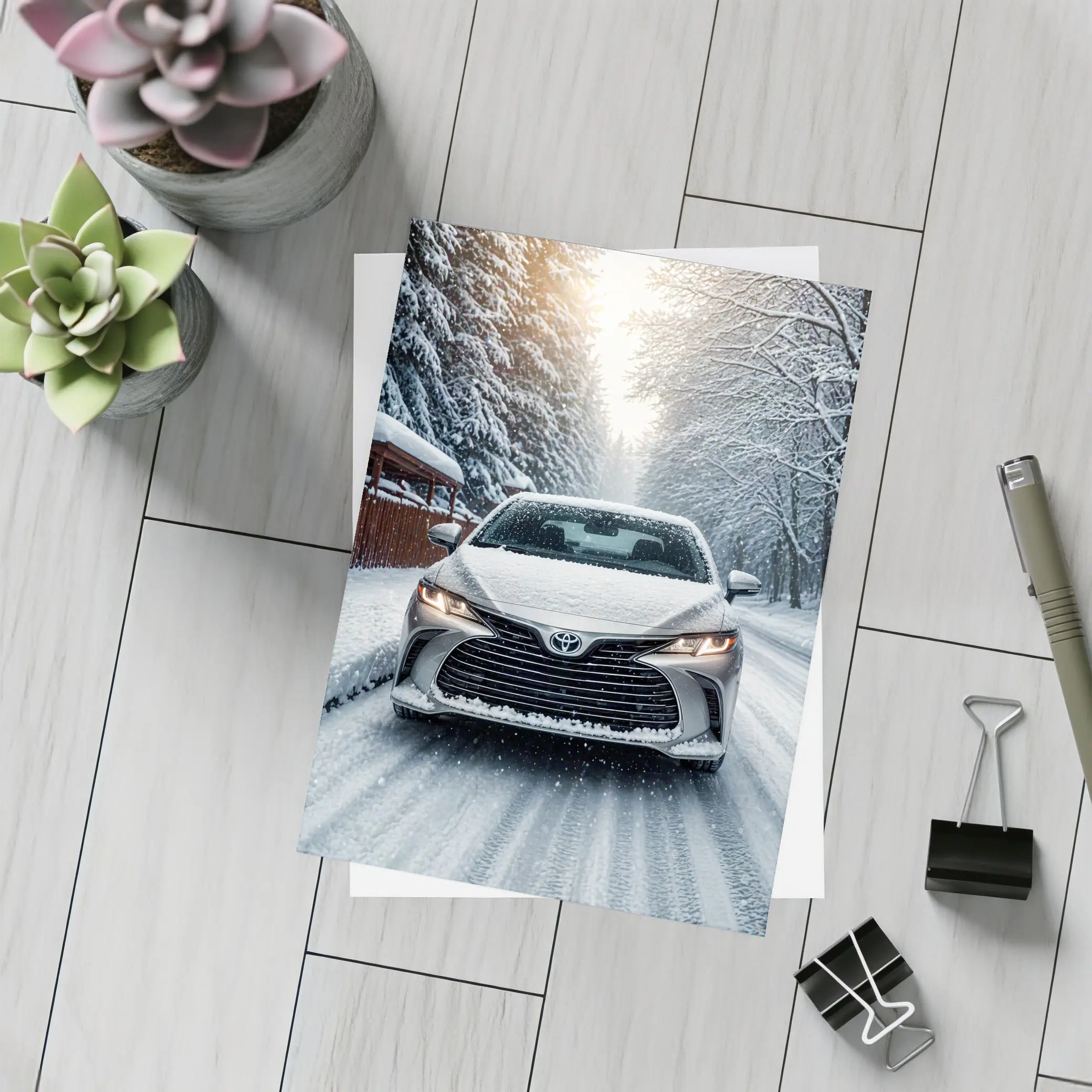 Toyota Camry Front View Snowy Forest Road – Postcards