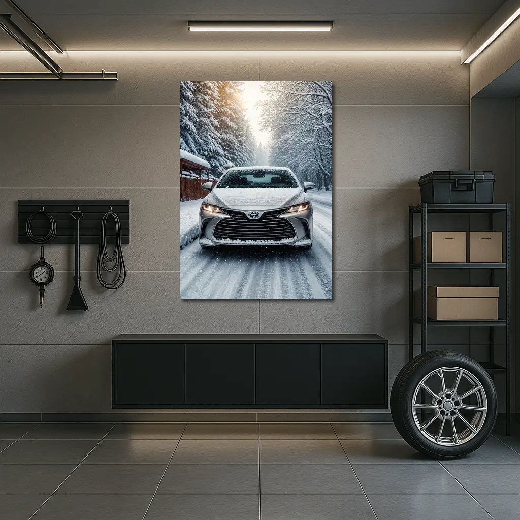 Toyota Camry Front View Snowy Forest Road – Wall Art