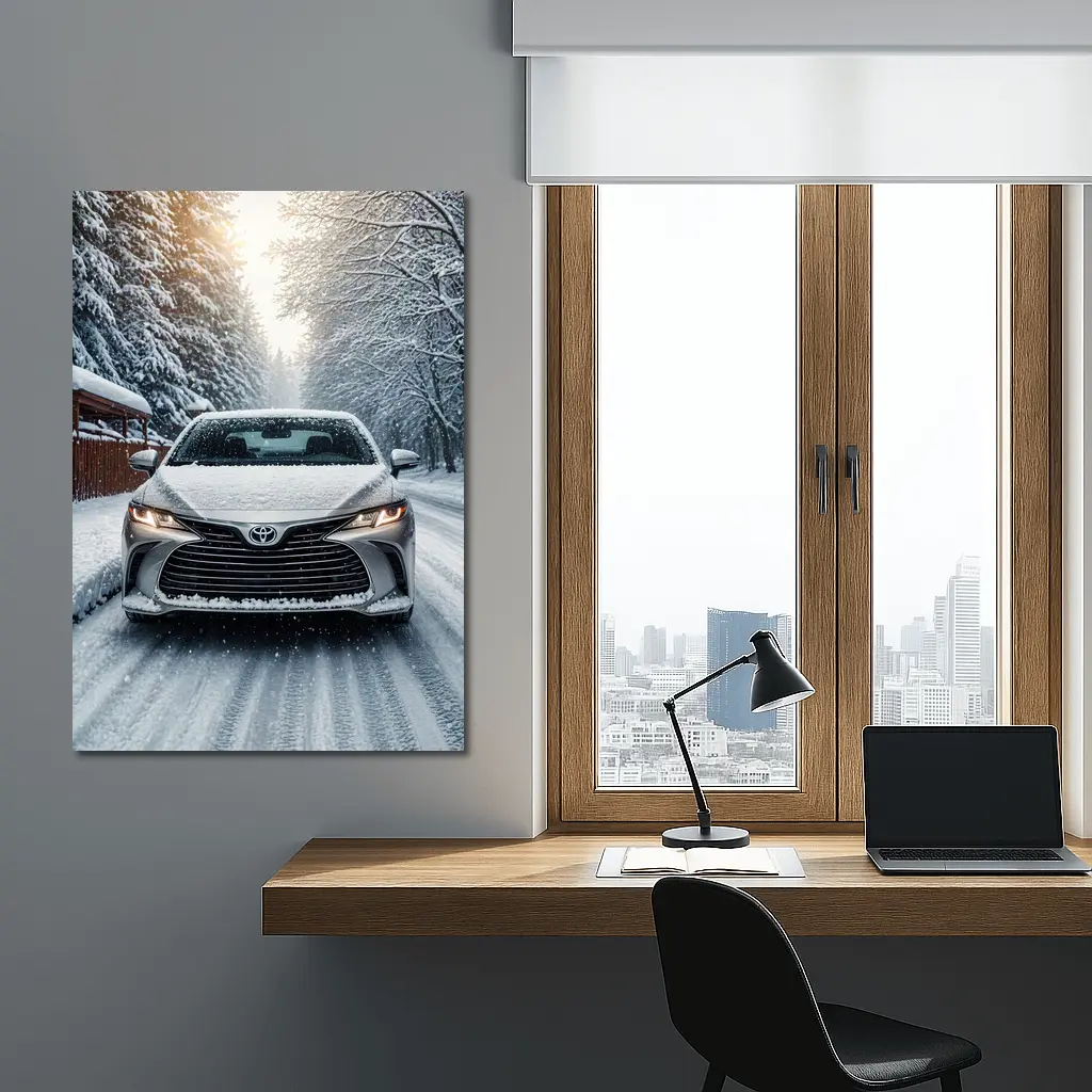 Toyota Camry Front View Snowy Forest Road – Wall Art