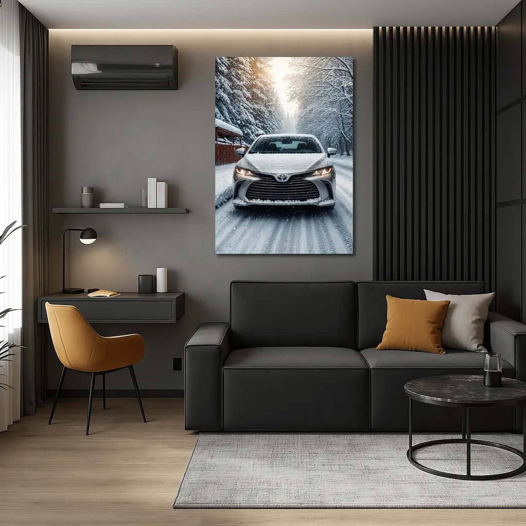 Toyota Camry Front View Snowy Forest Road – Wall Art