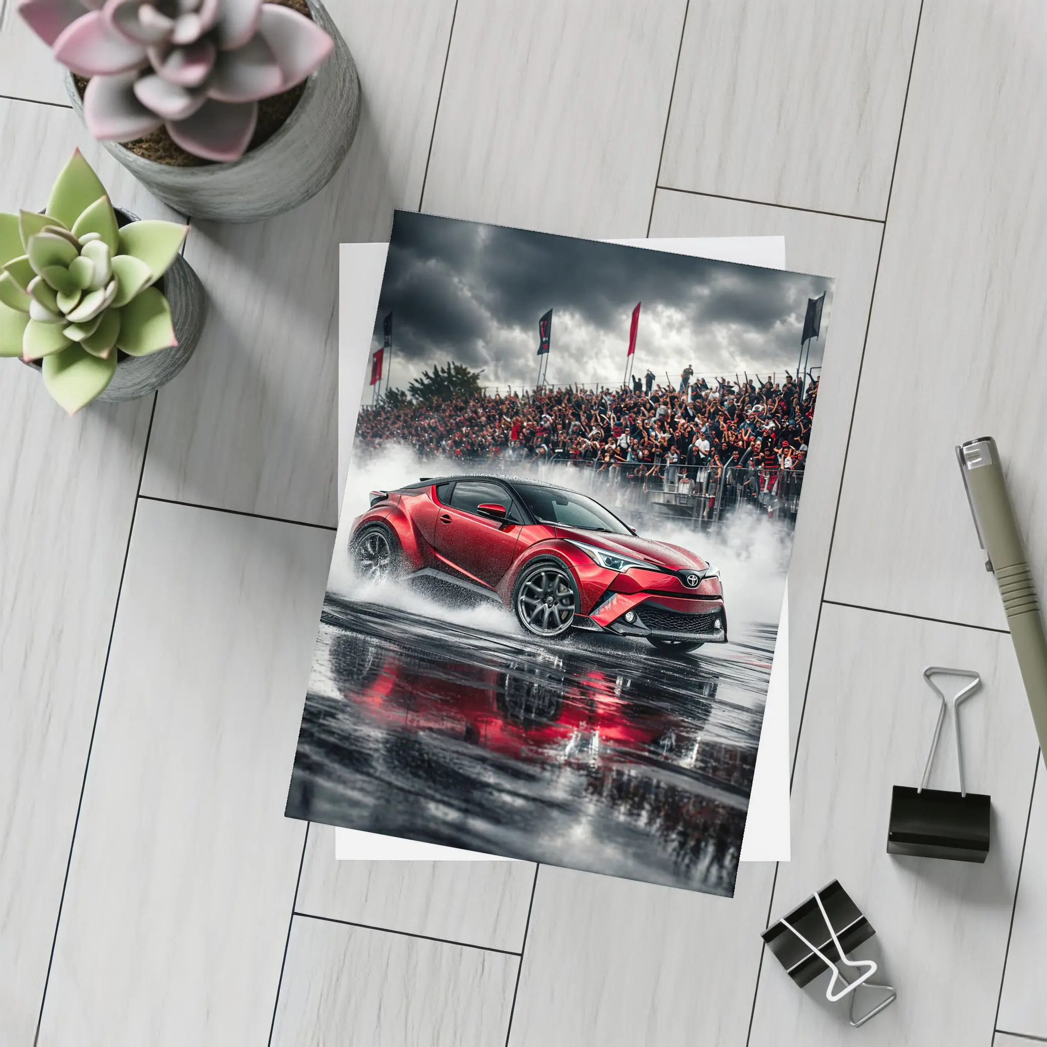 Toyota C-HR Red Drifting Wet Track Crowd – Postcards