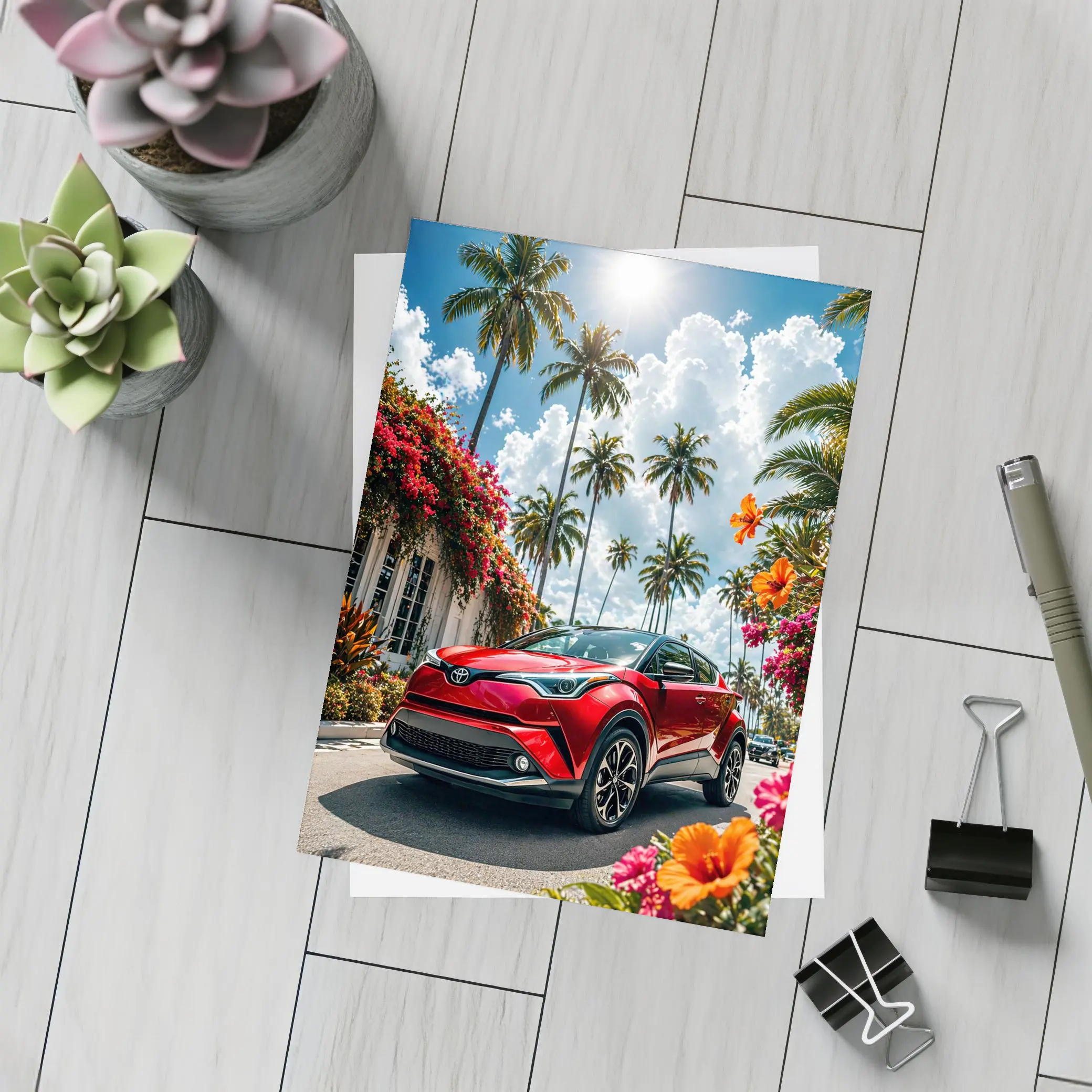 Toyota C-HR Red SUV Tropical Palm Setting – Postcards