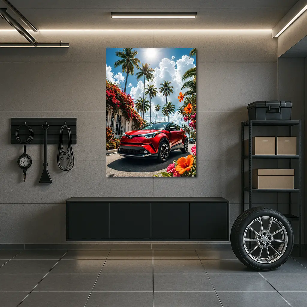 Toyota C-HR Red SUV Tropical Palm Setting – Wall Art