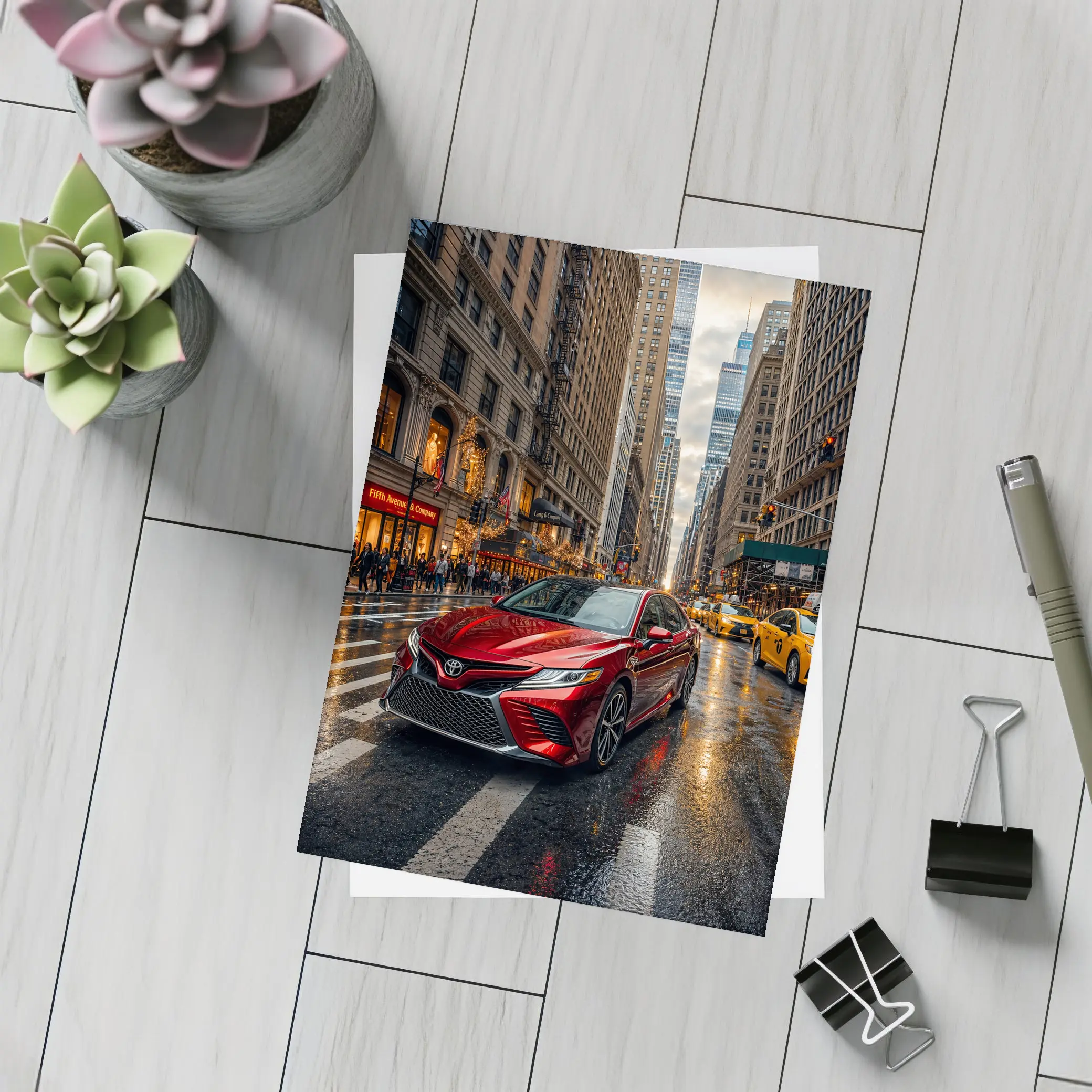Toyota Camry Red On Rainy City Street – Postcards