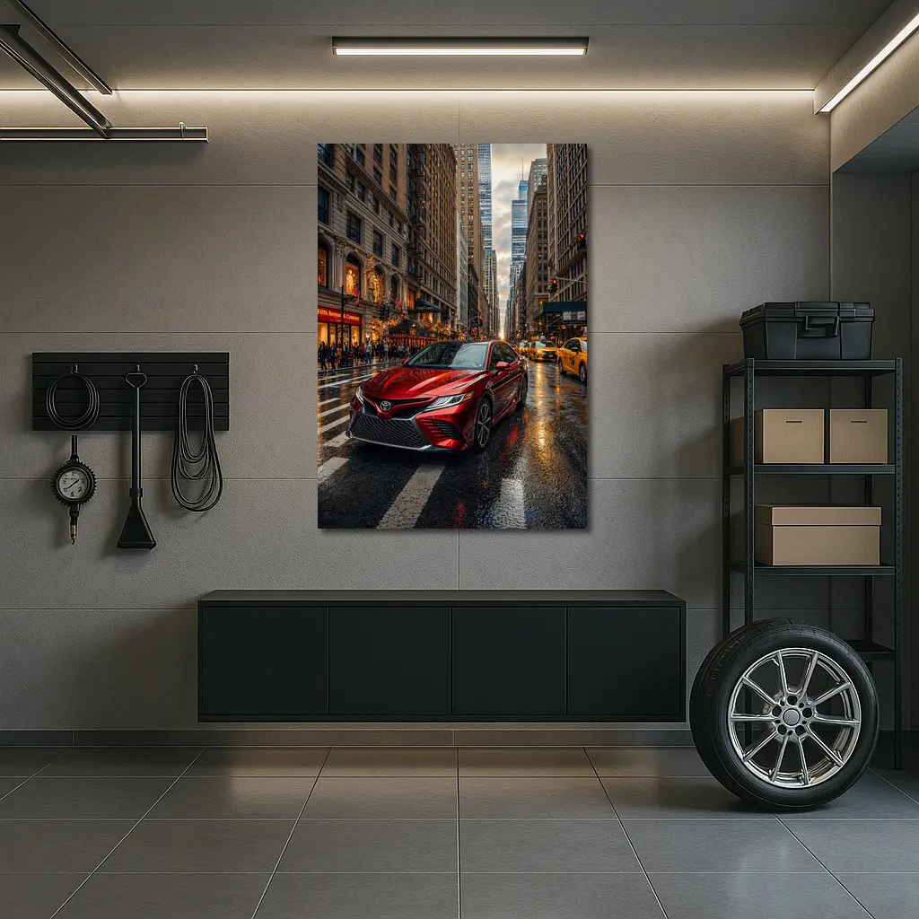 Toyota Camry Red On Rainy City Street – Wall Art