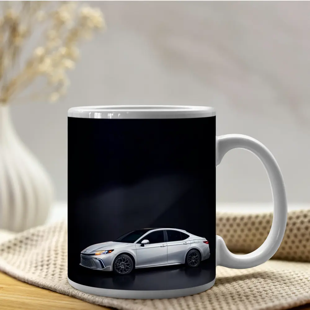 Toyota Camry White Sedan Dark Studio Background – Mugs