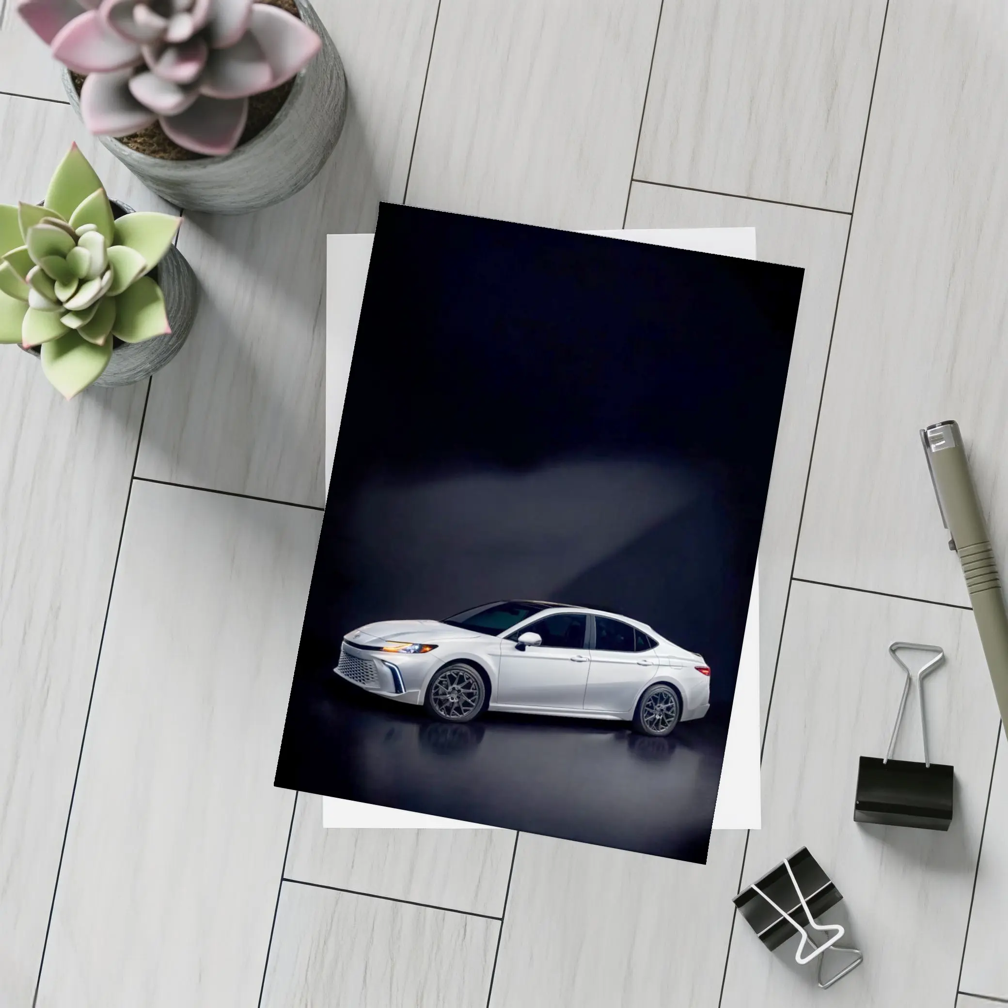 Toyota Camry White Sedan Dark Studio Background – Postcards