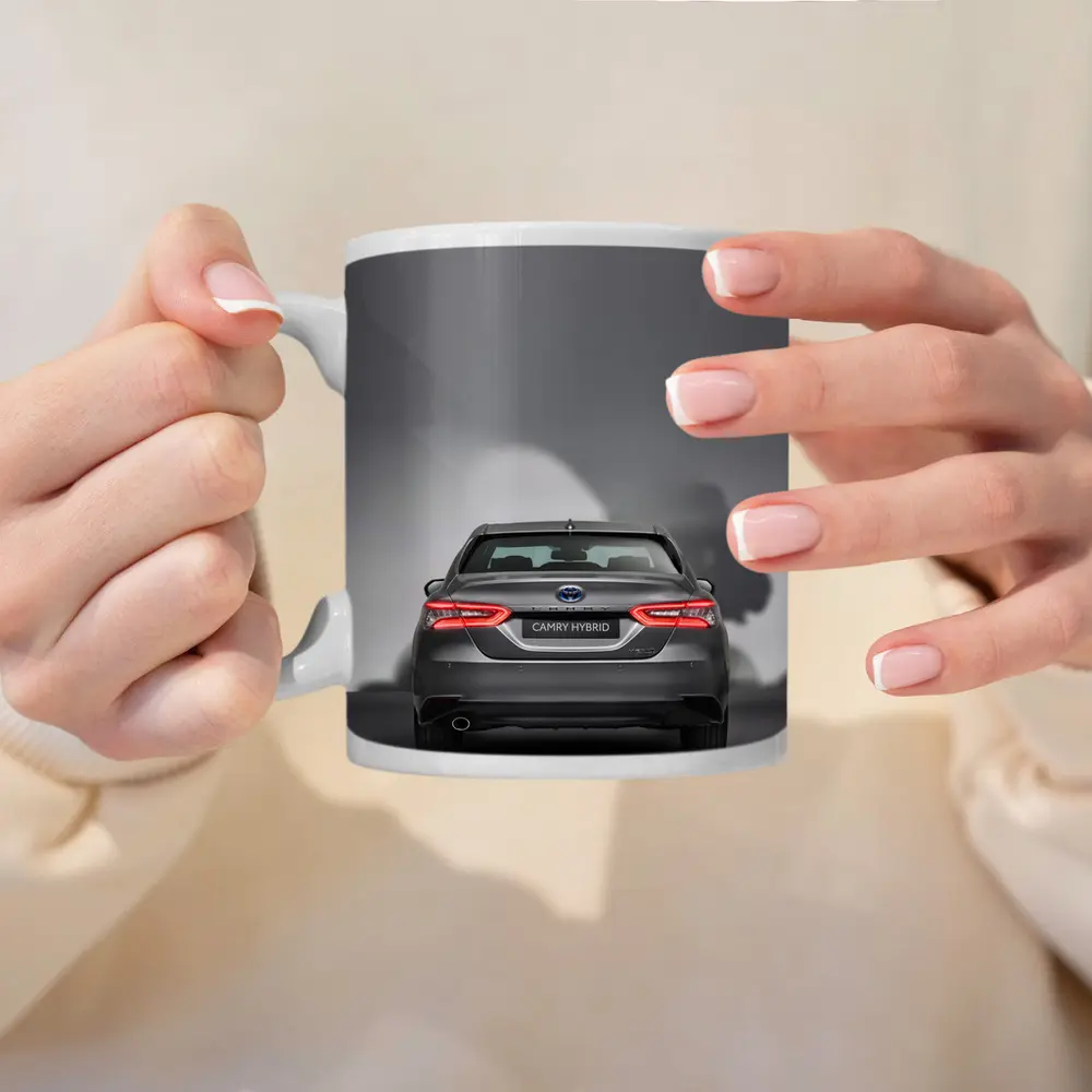 Toyota Camry Hybrid Rear View Gray Background – Mugs