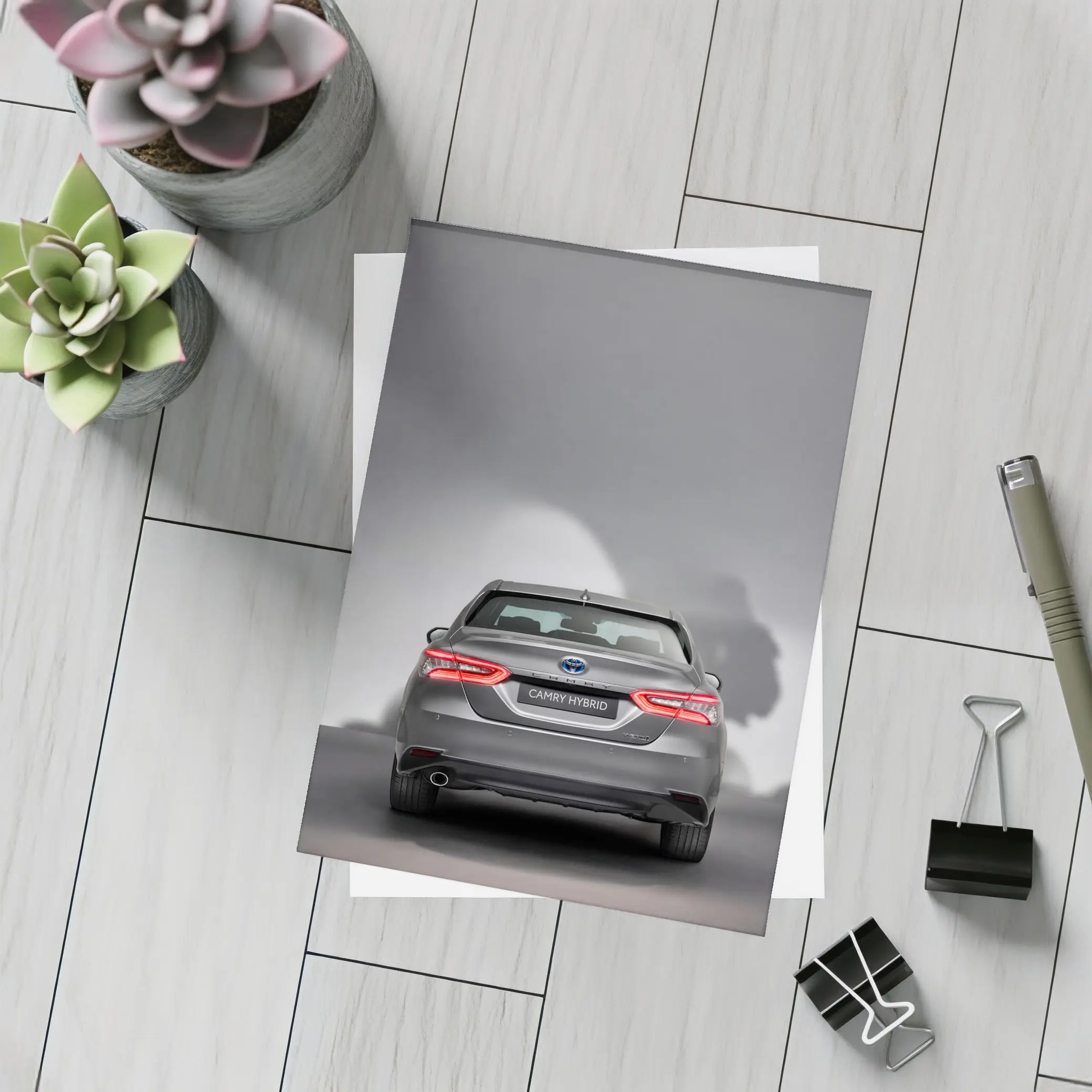 Toyota Camry Hybrid Rear View Gray Background – Postcards