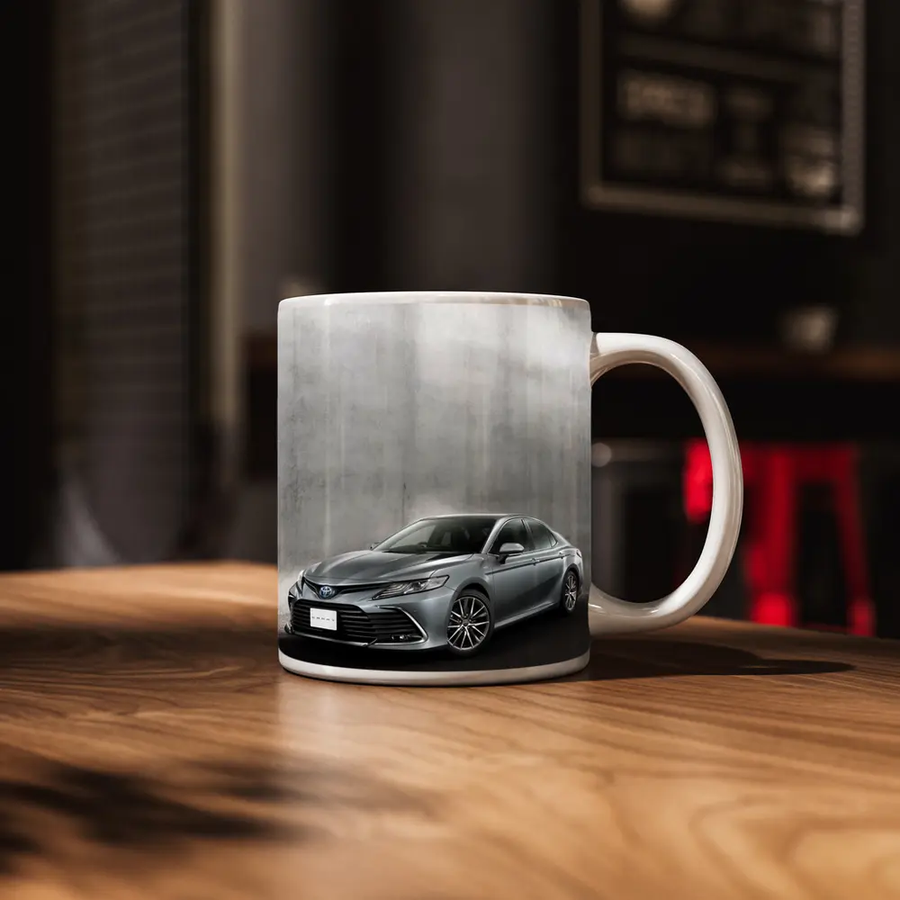 Toyota Camry Silver Sedan Against Gray Wall – Mugs