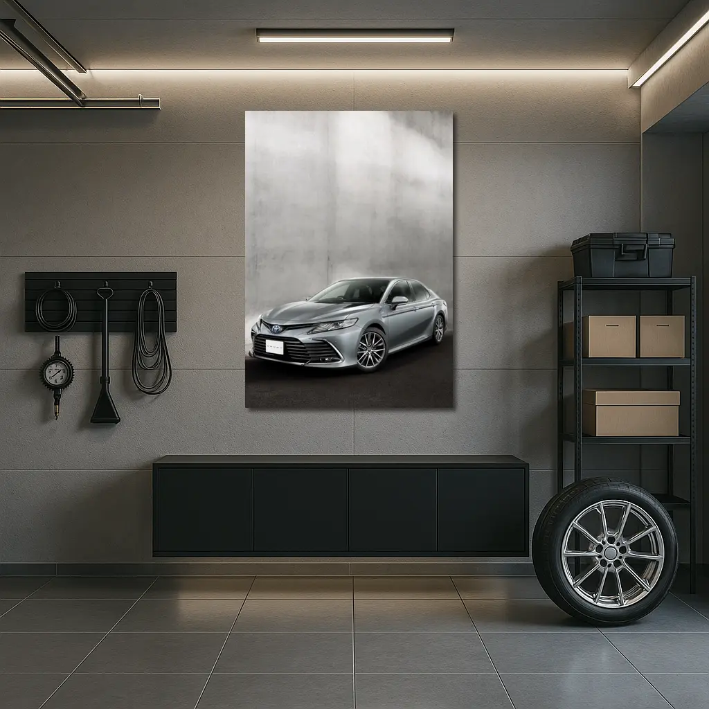 Toyota Camry Silver Sedan Against Gray Wall – Wall Art