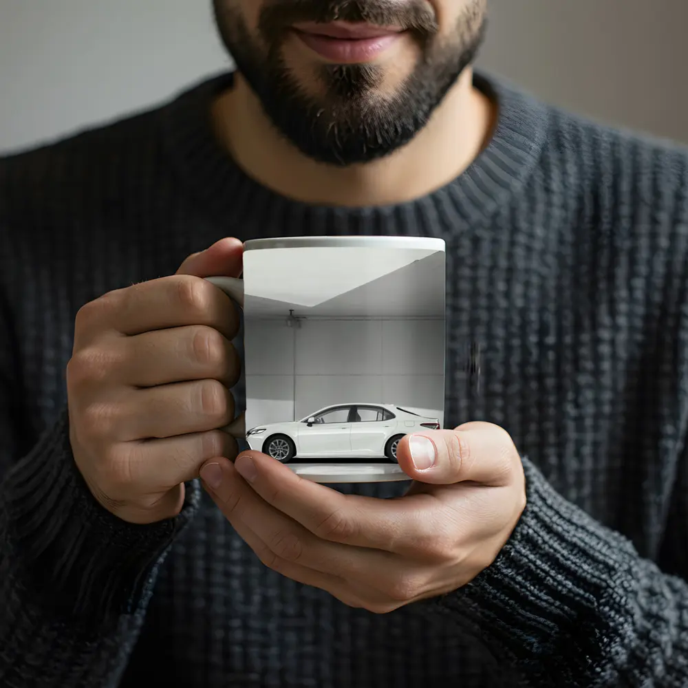 Toyota Camry White Minimal Garage Side View – Mugs