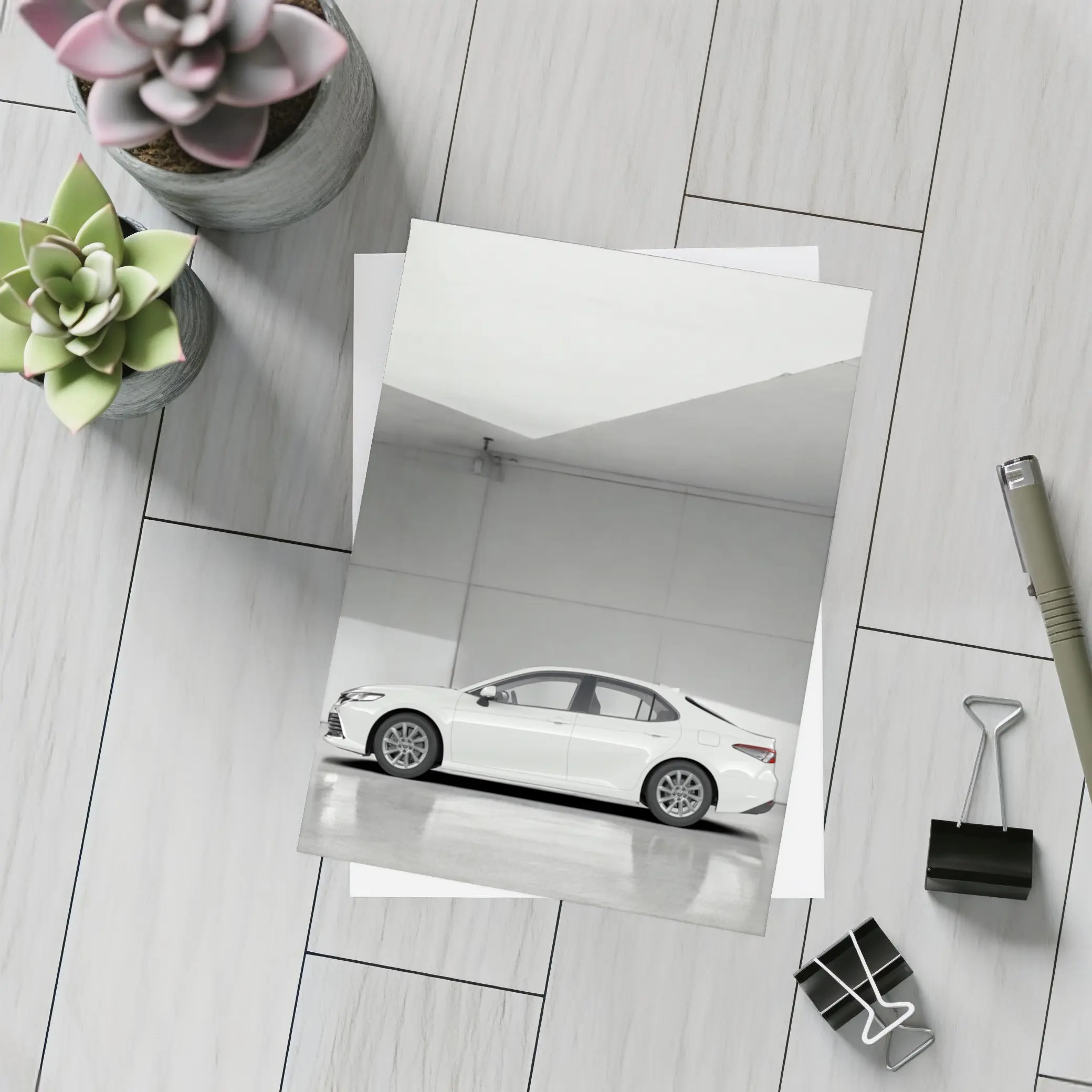 Toyota Camry White Minimal Garage Side View – Postcards