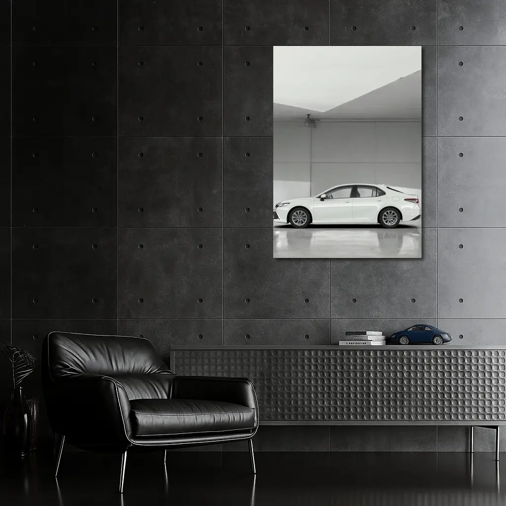 Toyota Camry White Minimal Garage Side View – Wall Art