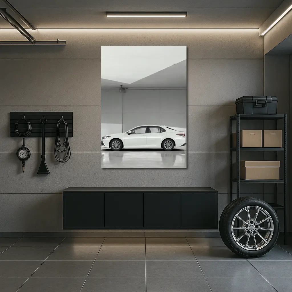 Toyota Camry White Minimal Garage Side View – Wall Art