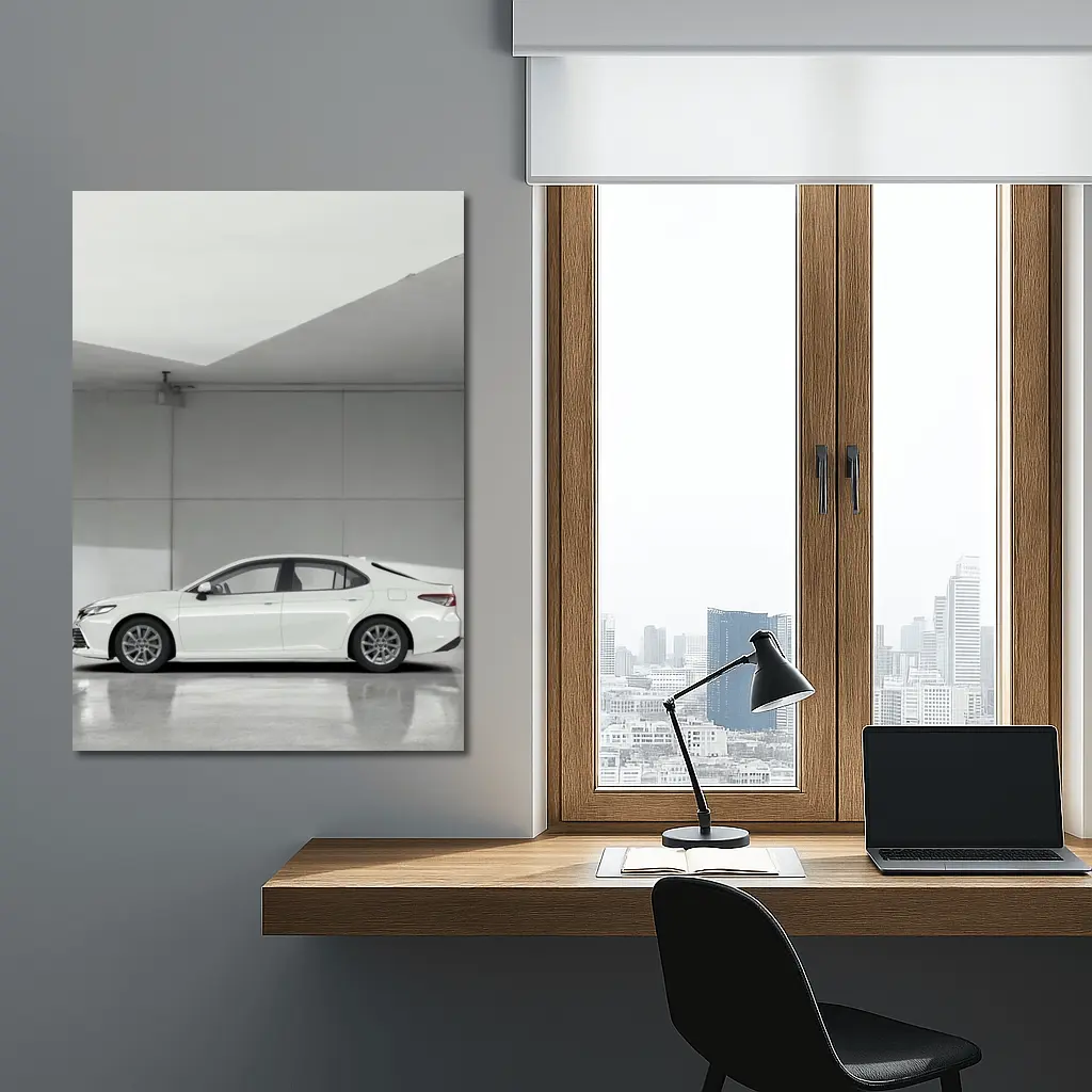 Toyota Camry White Minimal Garage Side View – Wall Art