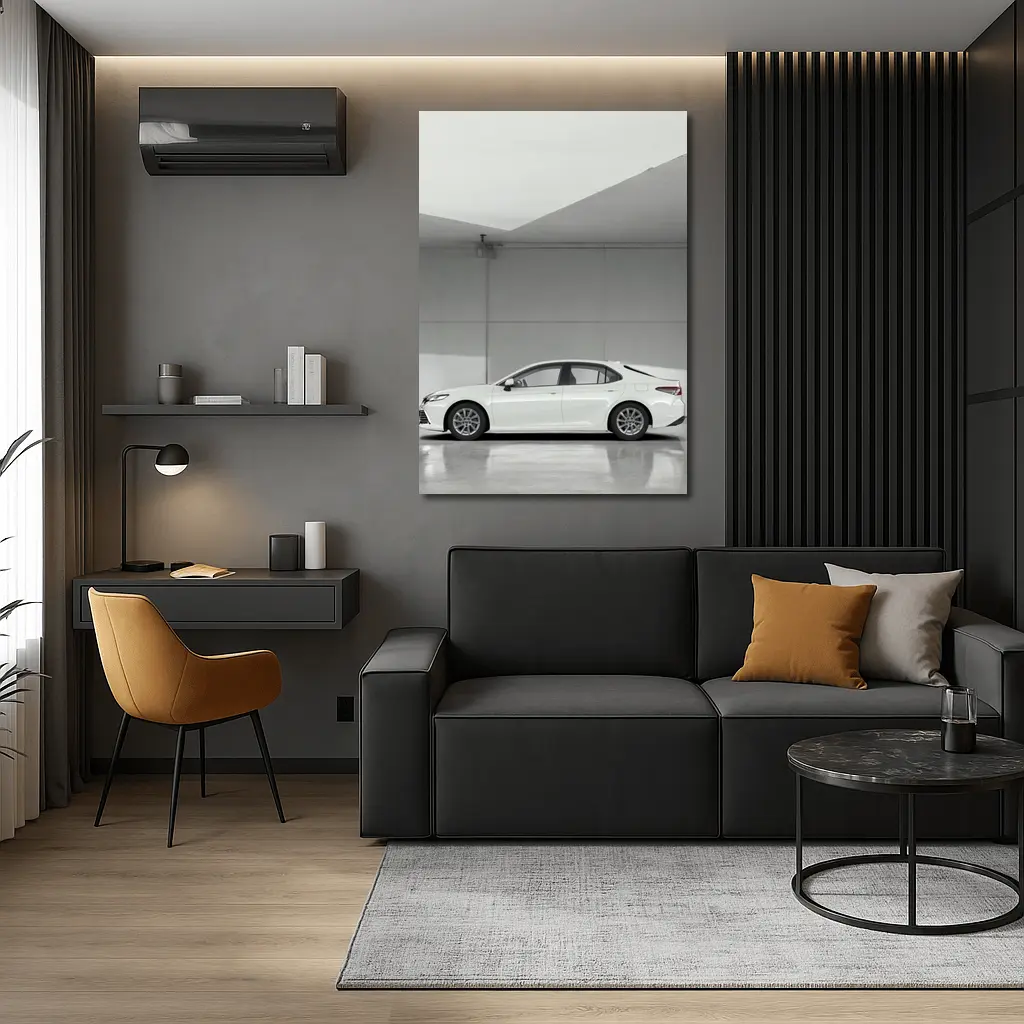 Toyota Camry White Minimal Garage Side View – Wall Art