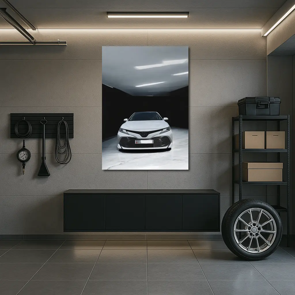 Toyota Camry White Sedan Dark Garage – Wall Art