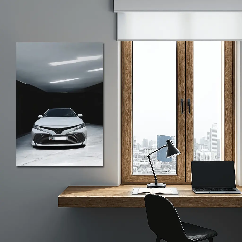 Toyota Camry White Sedan Dark Garage – Wall Art