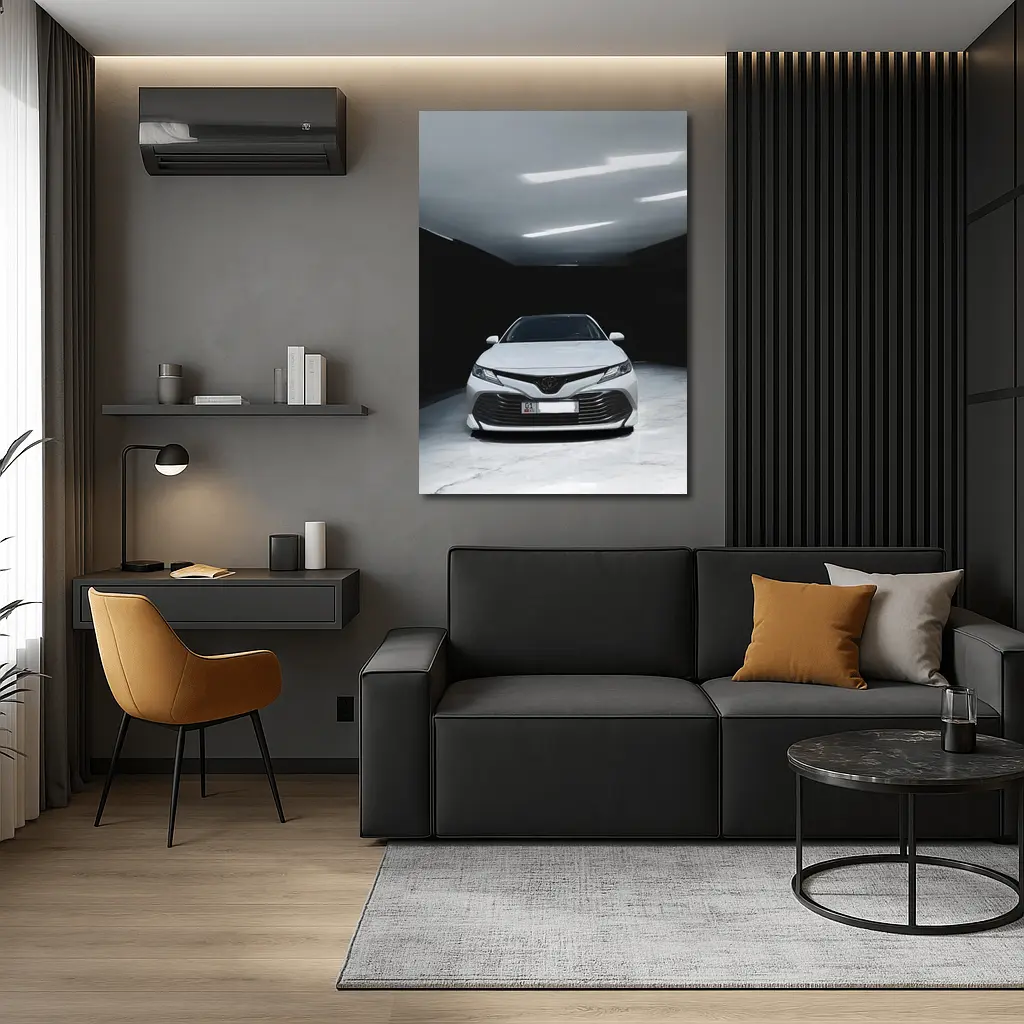 Toyota Camry White Sedan Dark Garage – Wall Art