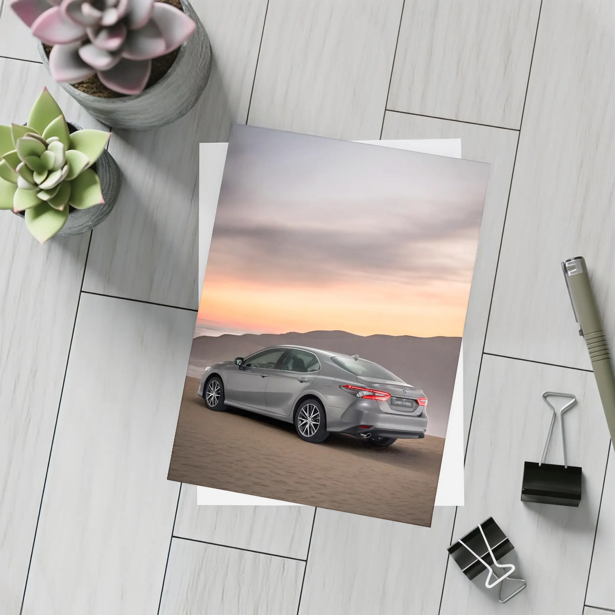 Toyota Camry Hybrid Gray Sedan Desert Sunset – Postcards