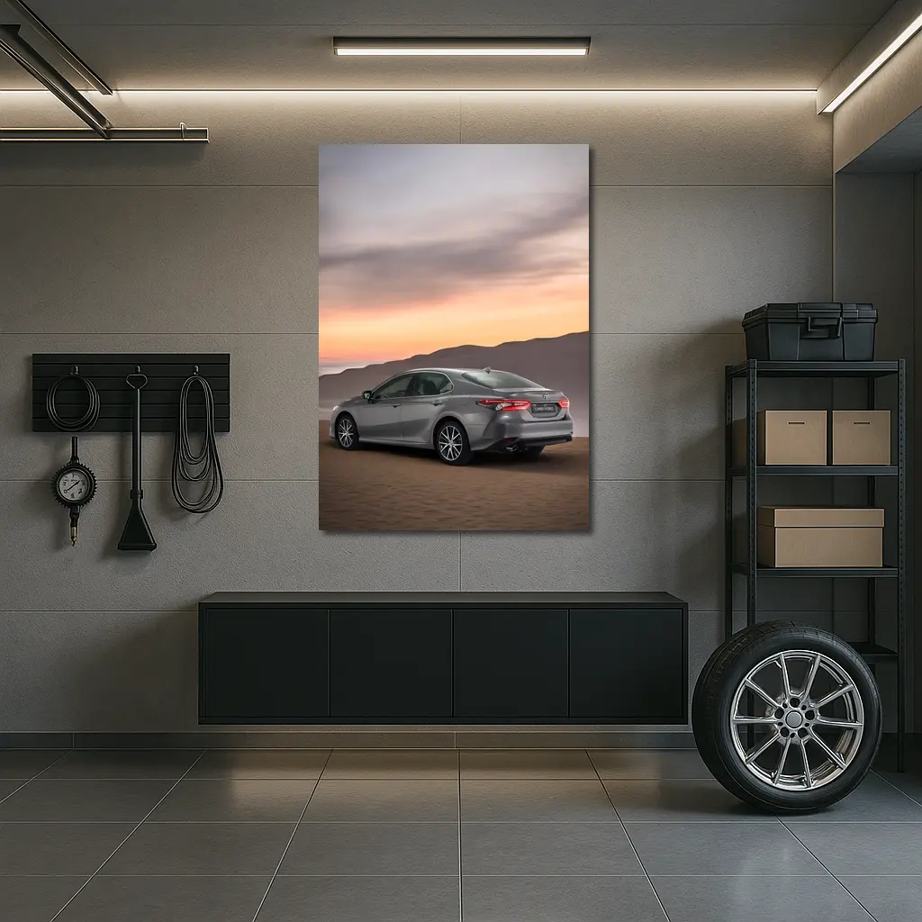 Toyota Camry Hybrid Gray Sedan Desert Sunset – Wall Art