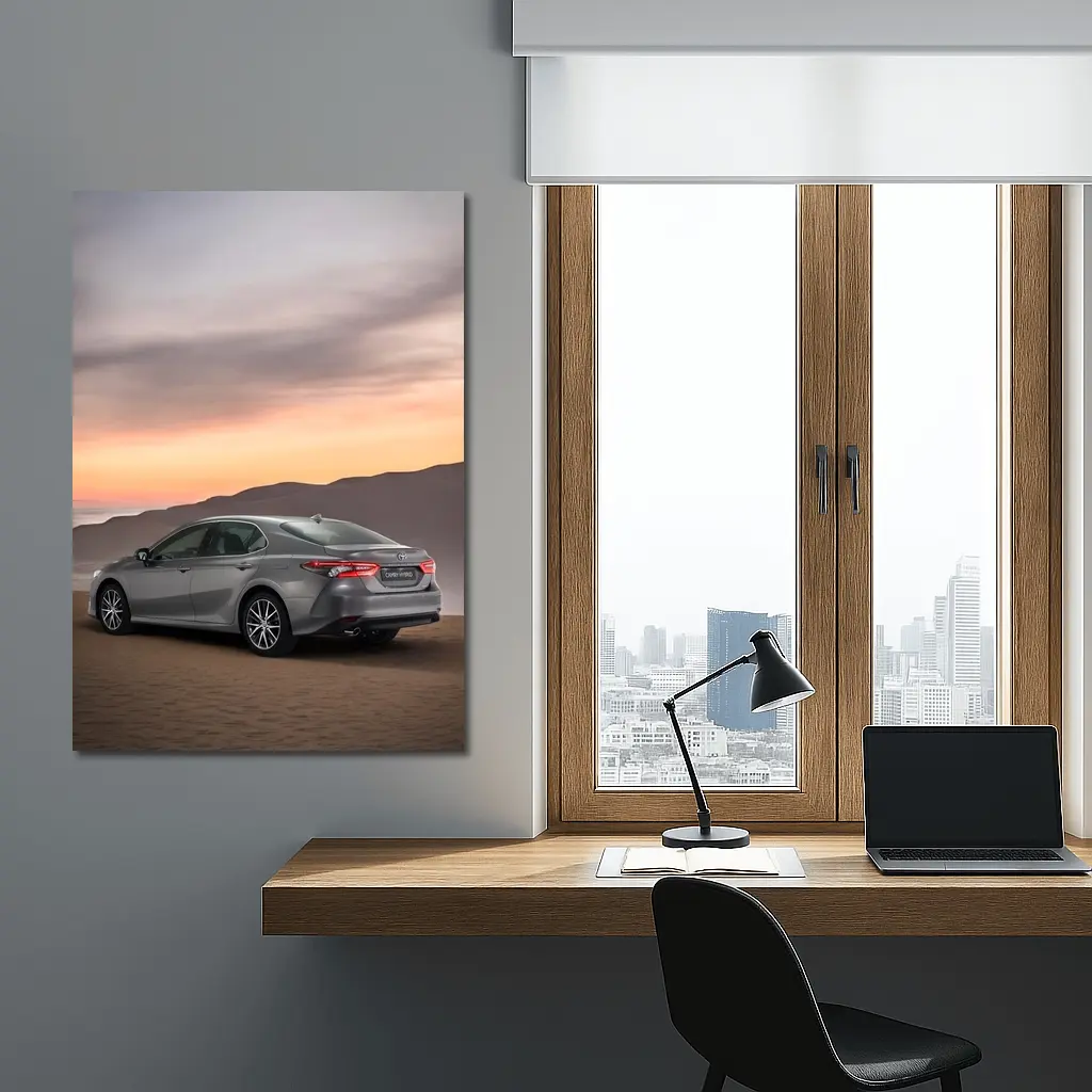 Toyota Camry Hybrid Gray Sedan Desert Sunset – Wall Art
