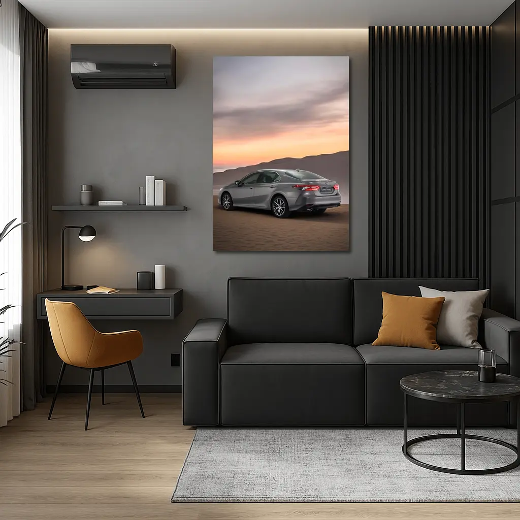 Toyota Camry Hybrid Gray Sedan Desert Sunset – Wall Art
