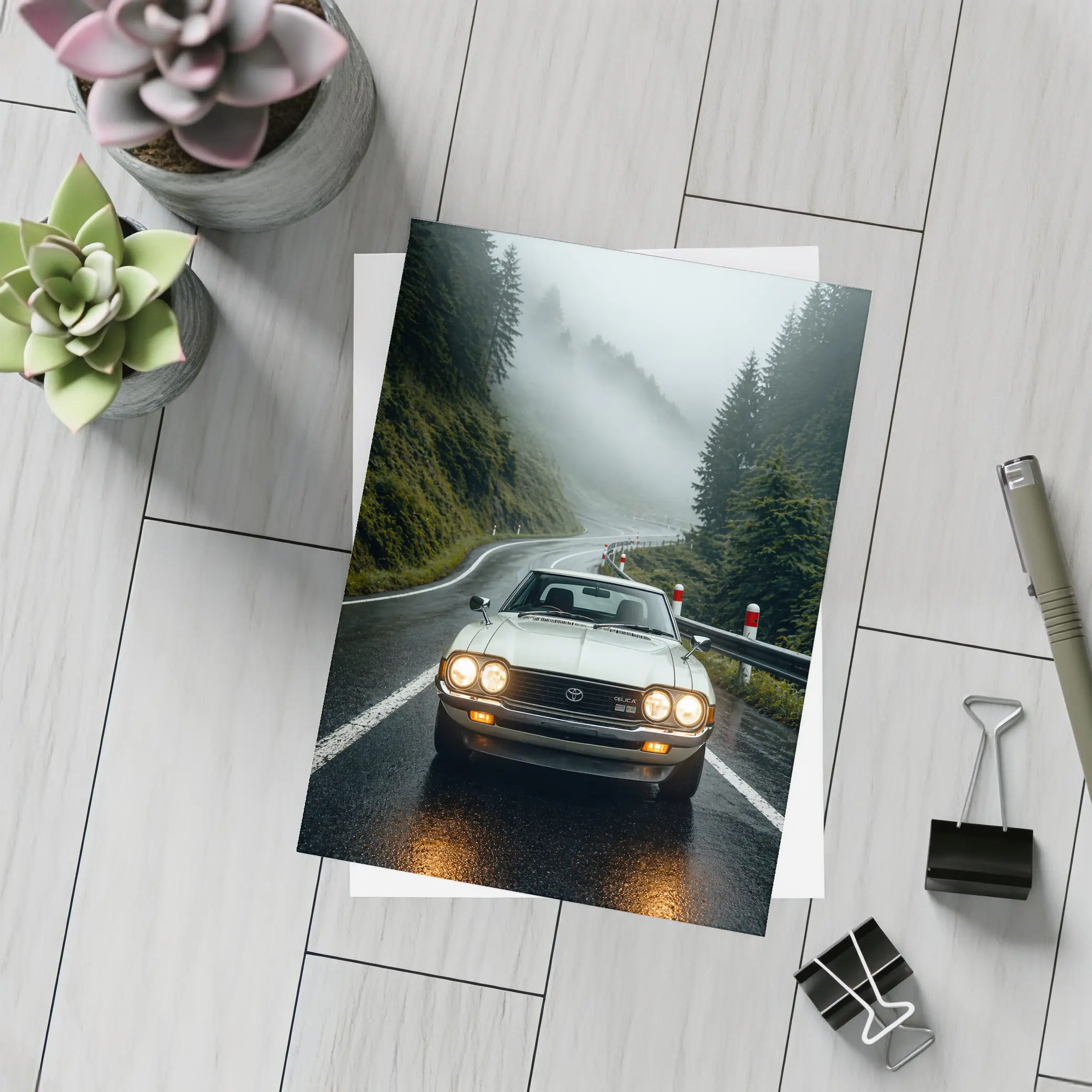 Toyota Celica Classic Car Foggy Mountain Road – Postcards
