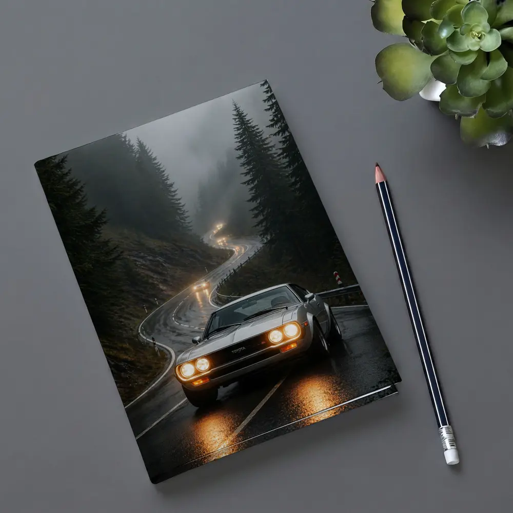 Toyota Celica on Foggy Mountain Road – Notebooks